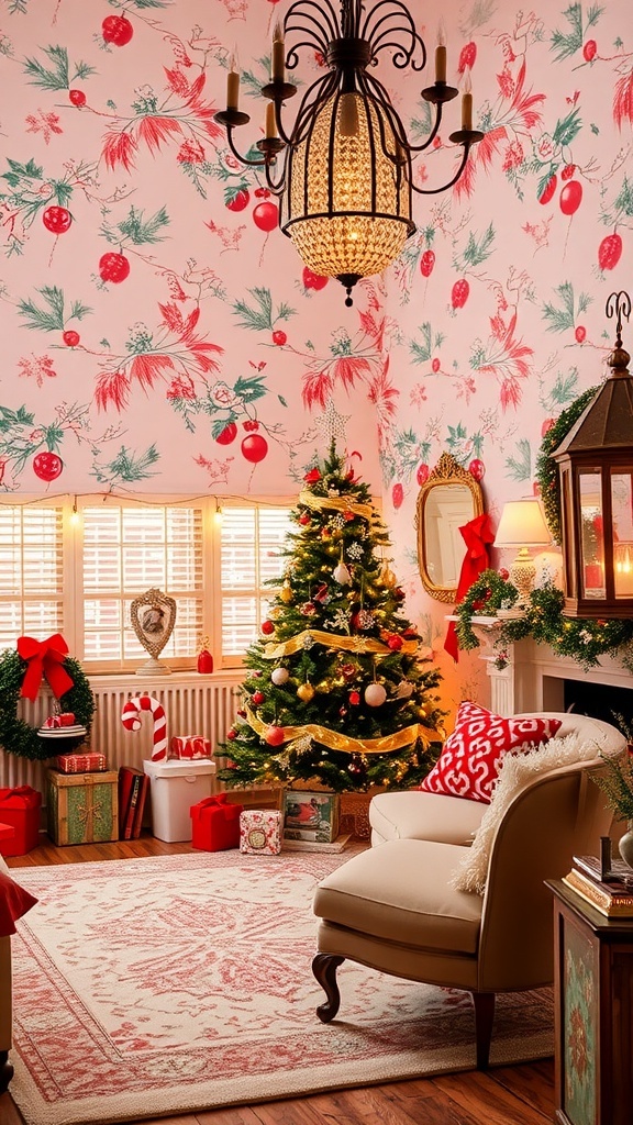 Vintage Pink Christmas Wallpaper Design A cozy room with vintage pink Christmas wallpaper, decorated for the holidays with a Christmas tree and festive ornaments.
